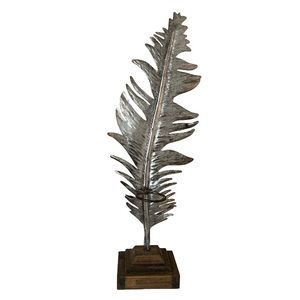 STEIN MART Silver Metal Feather Art Decor with Wood Base NWT
